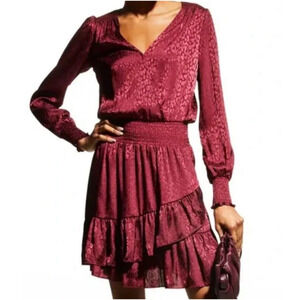 Michael Kors Julia Faux Wrap Cheetah Mini Dress XS Ruby Smocked Ruffle NWT
